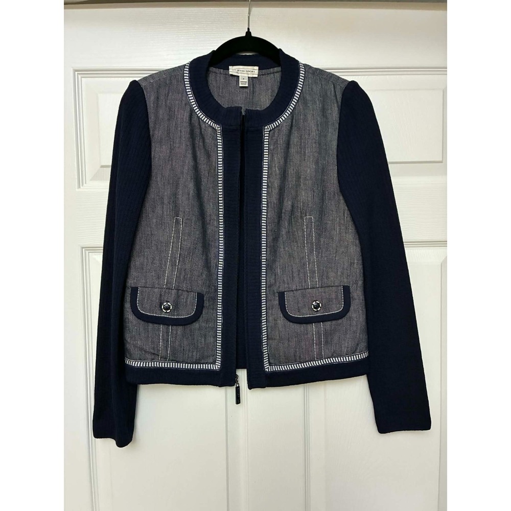 St. John Sport Jacket Womens P Blue Knit Wool Blend Zip Cardigan Blazer EUC
